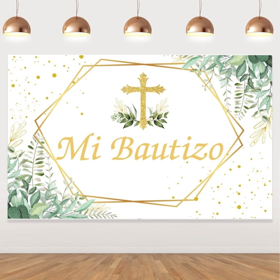 Mi Bautizo Backdrop Boy Girl Baptism Christening Green Floral Gold Glitter Cross God Bless Photography Background Photo Banner Baby Shower Photo Studio Booth Props