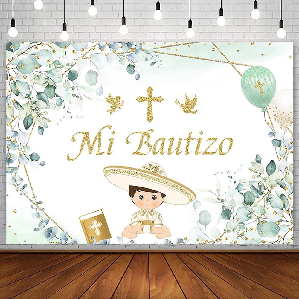 Aperturee Rectangle Backdrop Mi Bautizo Angel Gold Cross Cover, Greenery Eucalyptus Baptism Chiara Wall Background, Religious Decor main image 1