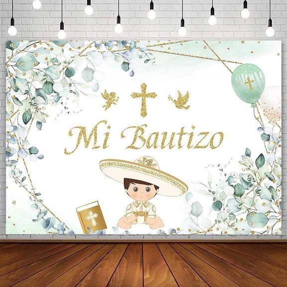Mi Bautizo Backdrop for Boy Greenery Baptism Green Eucalyptus Angel Photography Background First Holy Communion Christening Party Decoration Supplies Newborn Baby Shower Photo Booth Props