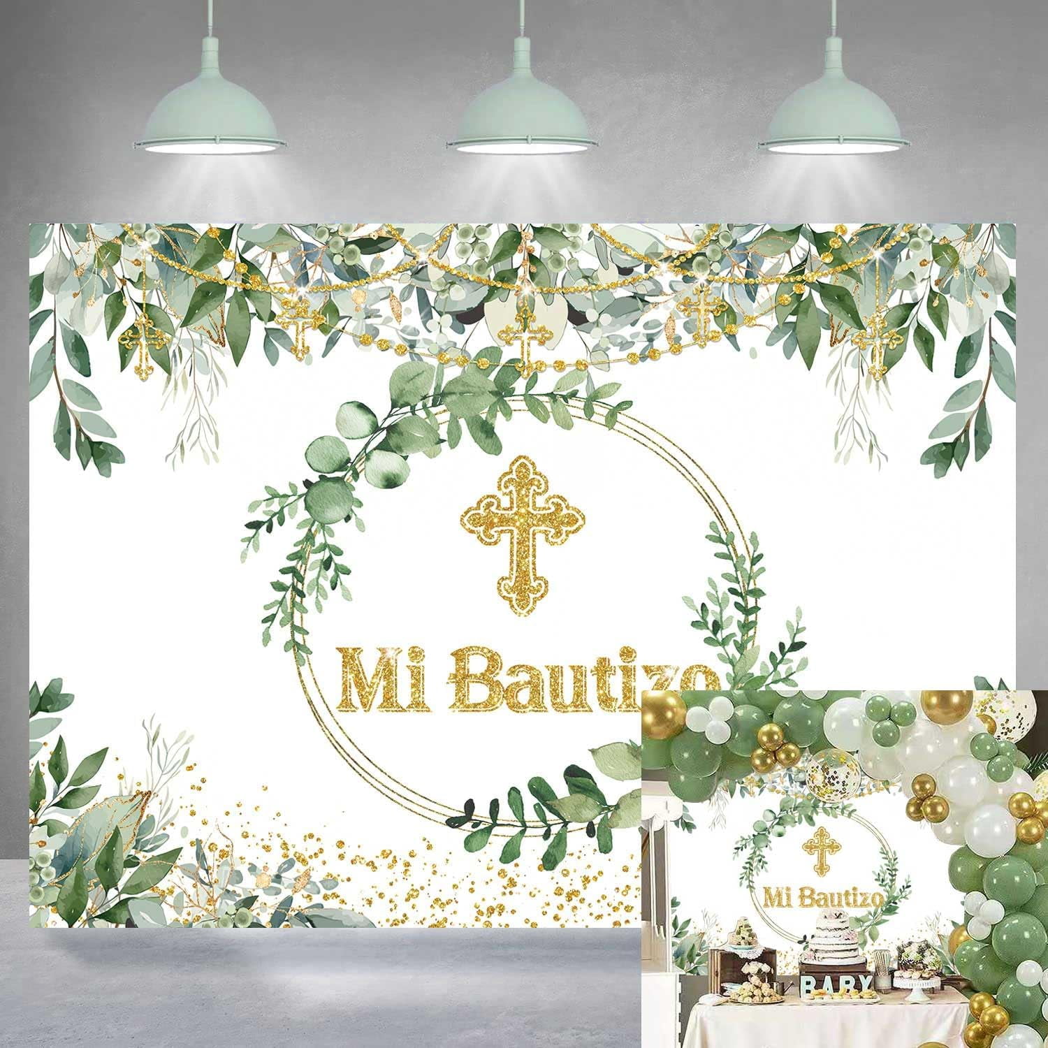 Avezano Tauf-Hintergrund 'Mi Bautizo' – 2,1 X 1,5 M, Salbeigrün Mit Gold, Aus Weicher Baumwolle