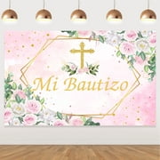 Mi Bautizo Backdrop Girl Baptism Christening Pink and Green Floral Gold Glitter Cross God Bless Photography Background Photo Banner Baby Shower Photo Studio Booth Props