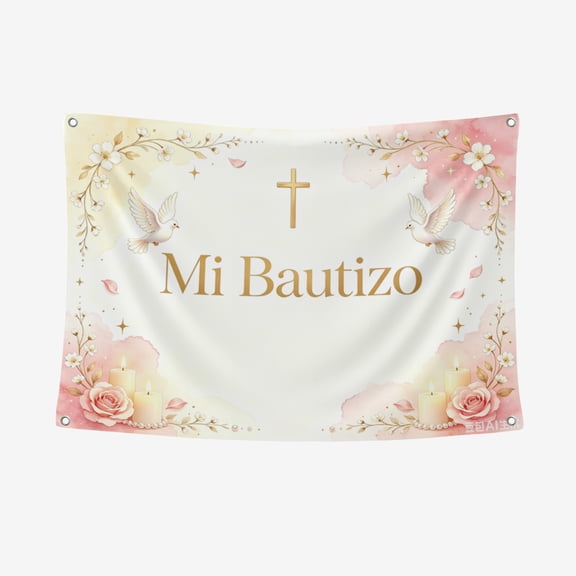 Mi Bautizo Backdrop for Girl, Pink Floral Baptism Backdrop with Gold Cross, Boho Christening First Communion Photo Booth Background Baby Shower Party Decorations 3.3*5FT