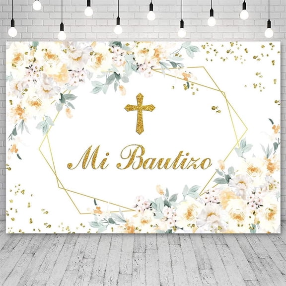 Mi Bautizo Backdrop God Bless First Holy Communion Christening Photography Background Glitter Gold Dots Floral Baby Shower Party Decorations Banner Photo Studio Props