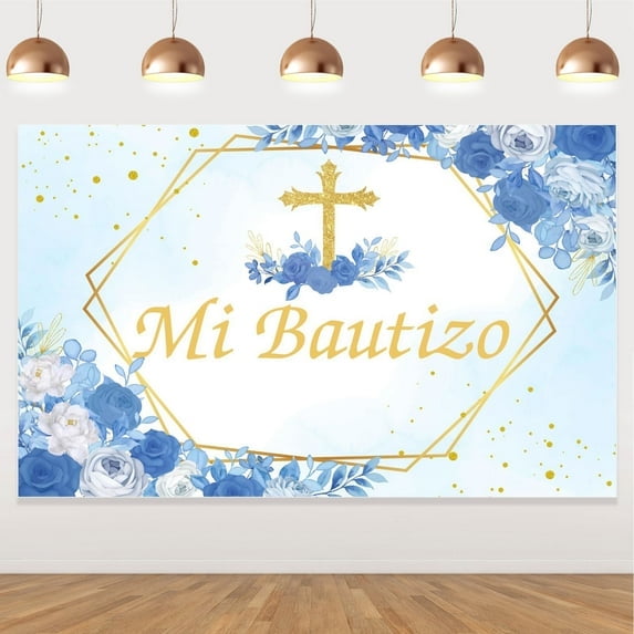 Mi Bautizo Backdrop, Mexican Baptism Party Decorations God Bless Boy First Holy Communion Banner Gold Blue Watercolor Flower Photography Background Christening Newborn Baby Shower Decor Props