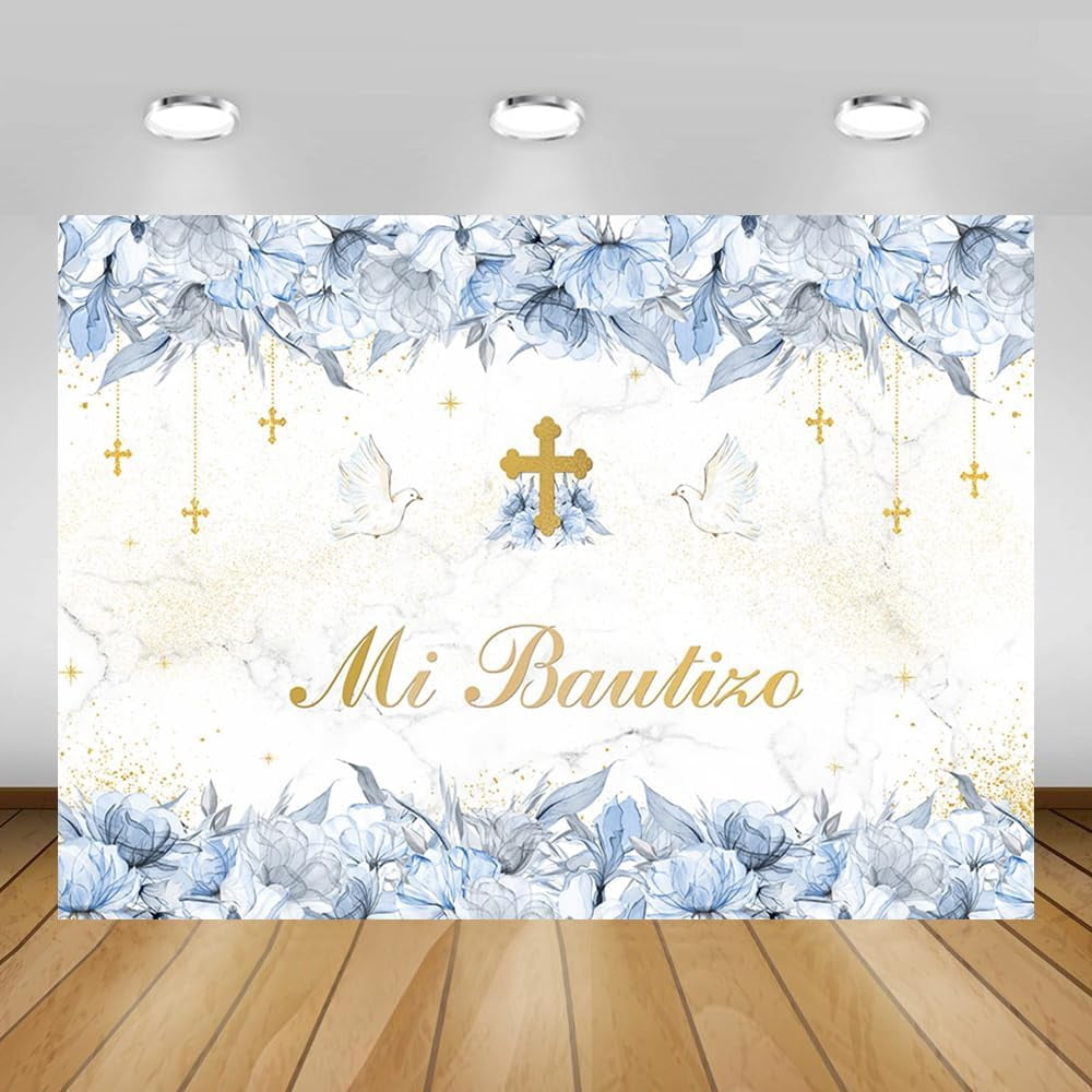 Mi Bautizo Backdrop for Boy Blue Floral Mi Primera Comunion Baptism ...