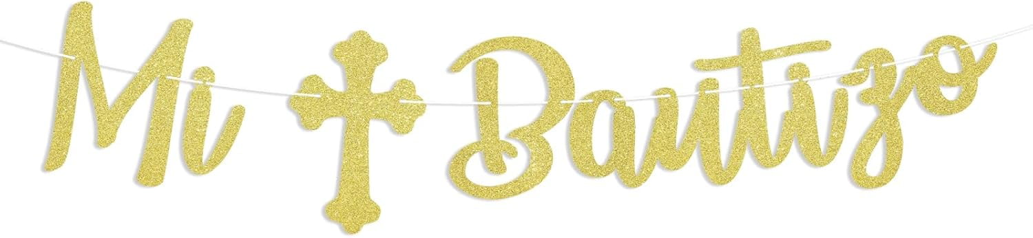 Mi Bautizo Banner - Baby Baptism Decorations, God Bless This Child, First Holy Communion Party Baby Shower Party Decorations, Gold Glitter
