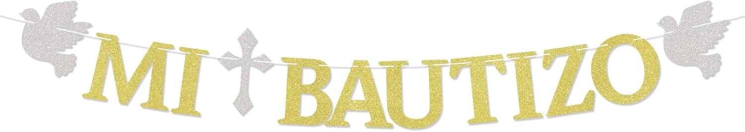 Mi Bautizo Banner - Baptism Party Decorations, Mi Primera Comunin Banner, Religious Christening Baby Shower Party Decorations Gold Glitter