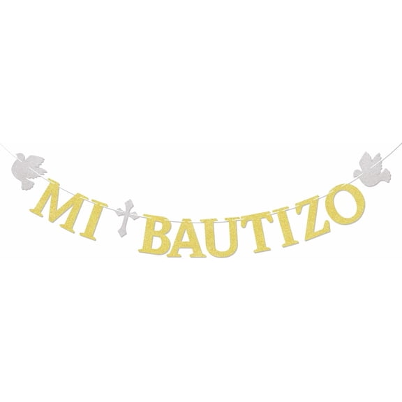 Mi Bautizo Banner - Baptism Party Decorations, Mi Primera Comunin Banner, Religious Christening Baby Shower Party Decorations Light Gold
