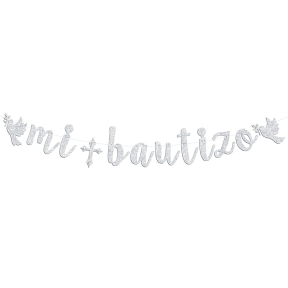 Mi Bautizo Banner, First Holy Communion/God Bless this Child/Mi Primera Comunion, Christening/Baptism/Baby Shower/Birthday Party Decorations Supplies, Silver Glitter