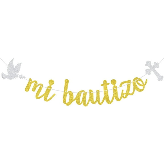 Mi Bautizo Banner, My Baptism, Spanish First Holy Communion, Bridal Shower/Confirmation/Baby Shower Party Decorations Gold Glitter