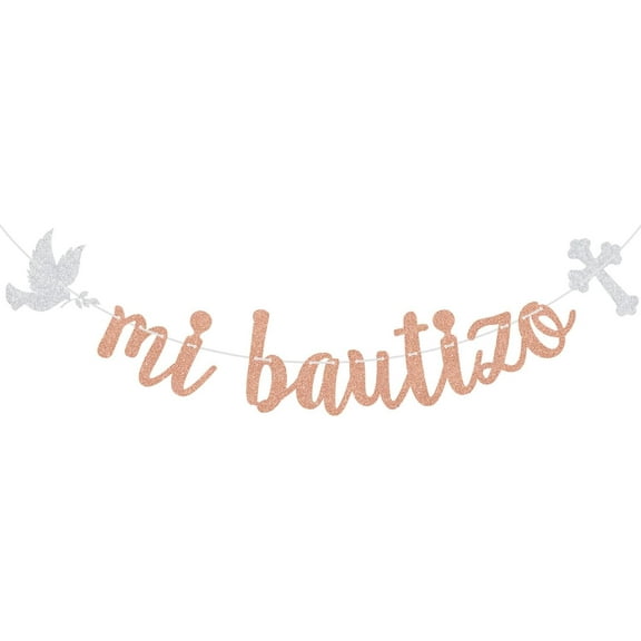 Mi Bautizo Banner, My Baptism, Spanish First Holy Communion, Bridal Shower/Confirmation/Baby Shower Party Decorations Rose Gold Glitter