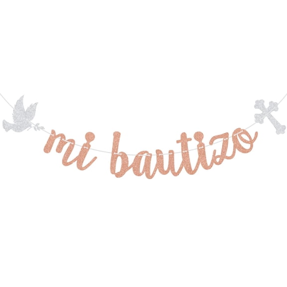 Mi Bautizo Banner, My Baptism, Spanish First Holy Communion, Bridal Shower/Confirmation/Baby Shower Party Decorations Rose Gold Glitter