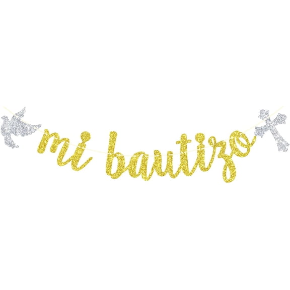 Mi Bautizo Banner, Spanish Baptism Decorations, First Holy Communion, Baby Shower 1st Birthday Party Decorations, Gold Glitter