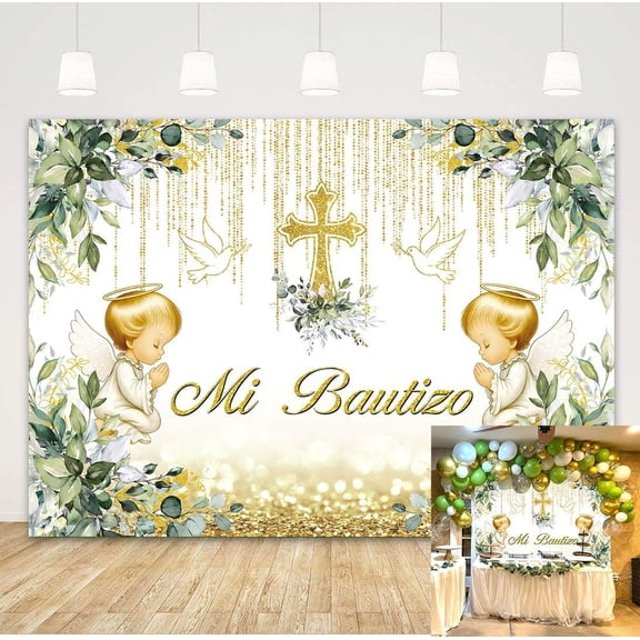 Mi Bautizo Baptism Backdrop Greenery Gold Glitter Angel Baptism Background for Boy Girl God Bless Christening Party Decorations Banner Supplies Photo Booth Props