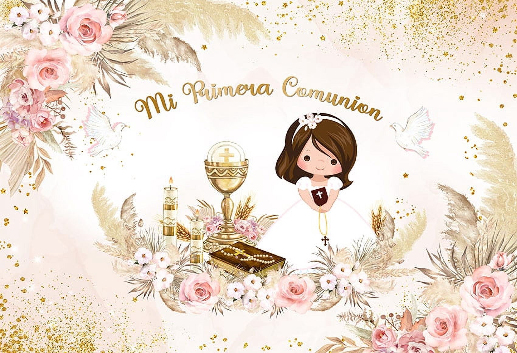 Renaiss 1.5x1m Sfondo per la prima comunione Rosa e oro Dio benedice sfondo fotografico ragazze battesimo Bambino Festa di compleanno torta tabella decorazione vinile foto studio oggetti di scena