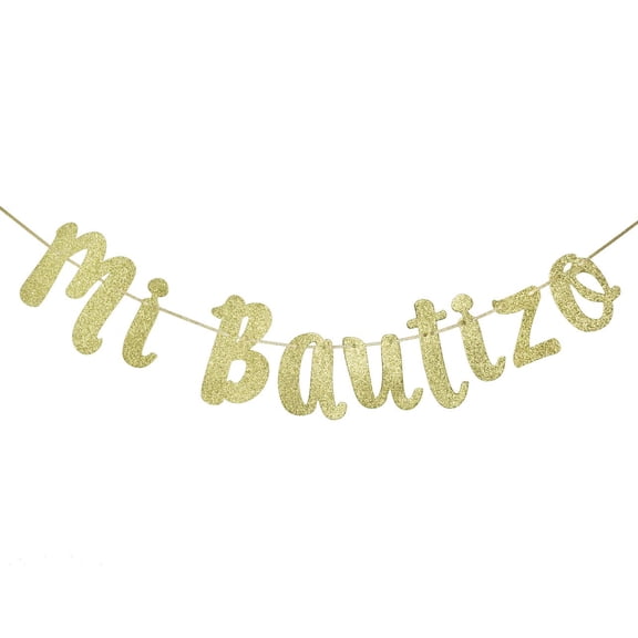 Mi Bautizo Gold Glitter Banner, Baptism Party Decoration, Cursive Script Sign