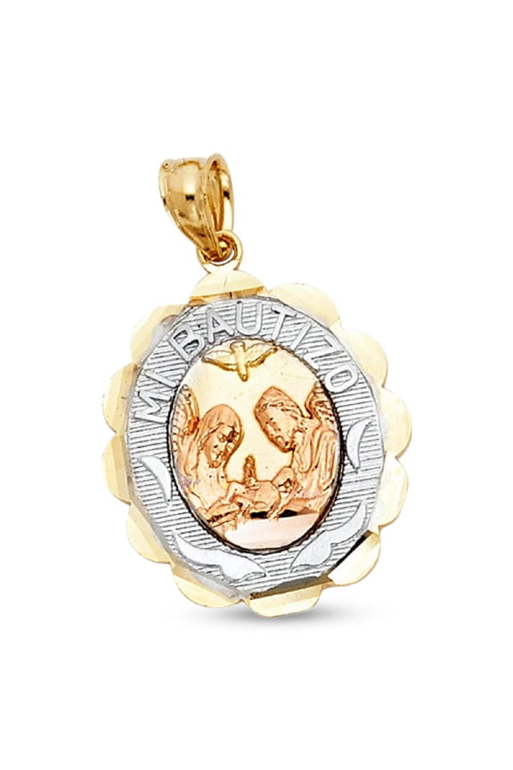 Mi Bautizo Pendant Solid 14k Yellow White Rose Gold Baptism Medallion Charm Tri Color 20 x 15 mm