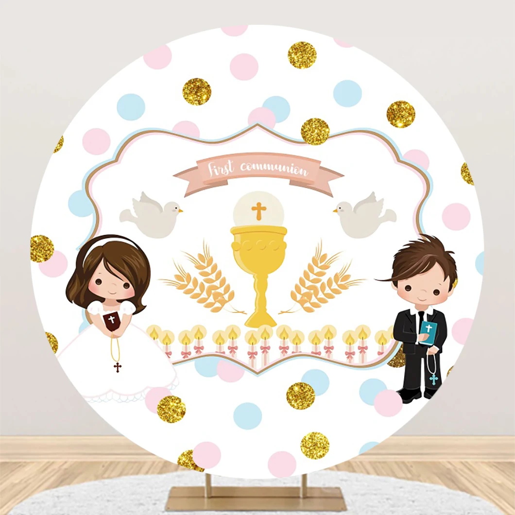 Mi Bautizo Round Backdrop Cover Gold Cross First Holy Communion God ...