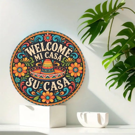 Mi Casa Su Casa Welcome Round Metal Tin Sign For Entryway Wall Decor 8x8 Inch Round