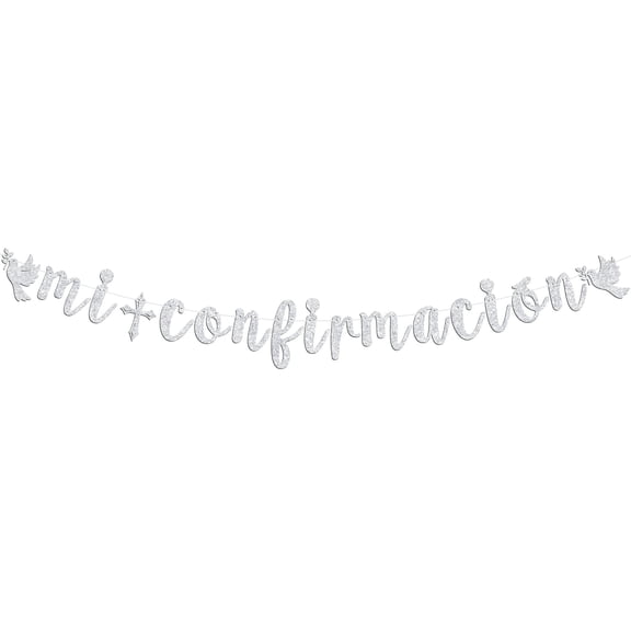 Mi Confirmacion Banner, First Holy Communion/God Bless this Child/Mi Primera Comunion, Christening/Baptism/Baby Shower/Birthday Party Decorations Supplies, Silver Glitter