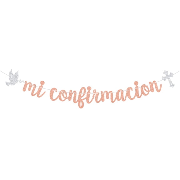 Mi Confirmacion Banner, Mi Primera Comunion, God Bless, Glittery Baptism/Cofirmation/Wedding/Baby Shower/1st Birthday Party Decorations, Rose Gold & Silver