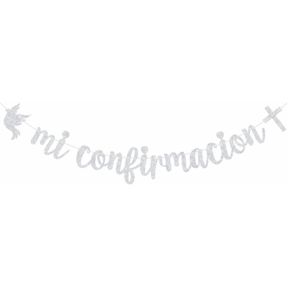 Mi Confirmacion Banner, Spanish My First Holy Communion Sign, God Bless, Mi Bautizo, Baptism, Confirmation, Baby Shower Party Decorations, Silver Glitter