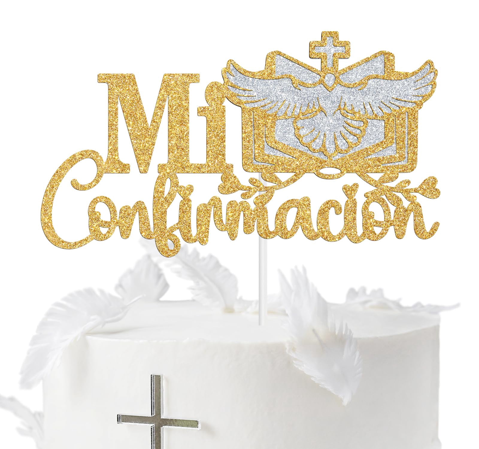 Religious Dove Cake Topper - First Communion & Baptism Party Decorations, Gold Glitter - View #8