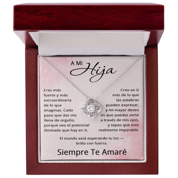 A Mi Hija Collar, Regalo Para Mi Hija de Mamá y Papá, Collar Nudo de Amor - Spanish Daughter Gift Title: 14K White Gold Finish, Box Choice: Luxury Box