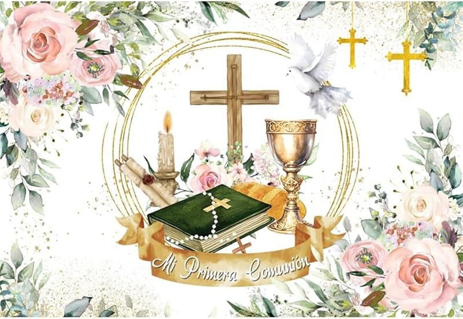 Mi Primera Communion Backdrop Rustic Pink Flowers Plants Cross Chalice ...