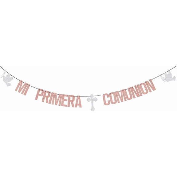 Mi Primera Comunin Banner - First Holy Communion Baptism Party Decorations - Religious Christening Baby Shower Decorations Rose Gold & Silver