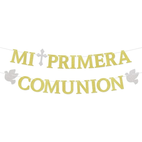 Mi Primera Comunin Banner - Spanish First Communion Decor, Mi Bautizo Banner, Religious Baby Shower Decorations, Baptism Decor, Religious Christening Party Decorations Gold Glitter