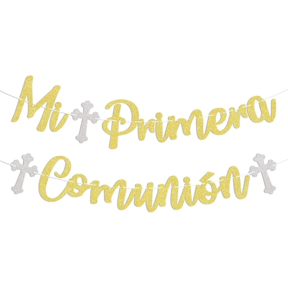 Mi Primera Comunin Banner, Spanish First Communion Decorations, Religious Decorations, God Bless This Child Banner, Cross Christening Themed Party Decor Gold Glitter