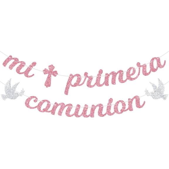 Mi Primera Comunin Glitter Banner Pink, Cross & Dove Sign Garland, Spanish First Communion Decorations for Girls Baptism Christening Party Wall Decor