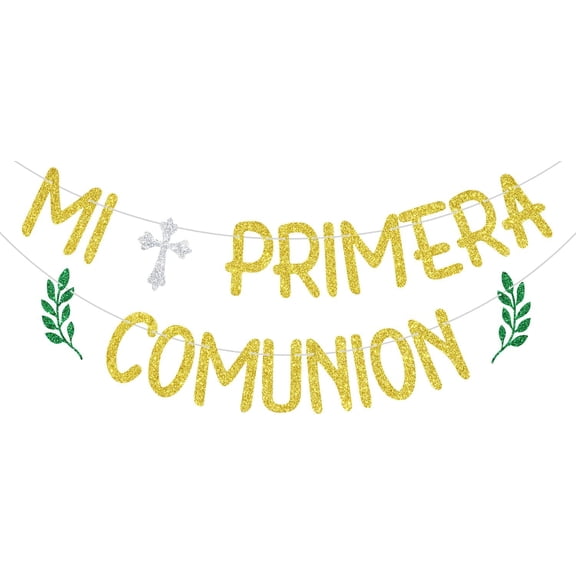 Mi Primera Comunin Gold Glitter Banner, Silver Cross & Green Leaf Cutout Garland, Spanish First Holy Communion Religious Party Decor