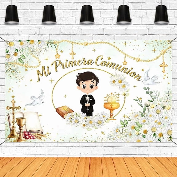 Mi Primera Comunion Backdrop for Boys First Communion Party Decorations Banner Green Floral Baptism Christening First Holy Communion Photography Background