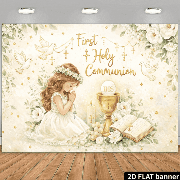 Mi Primera Comunion Backdrop First Holy Communion Baptism Background for Girls White Flower Bible Christening God Bless Party Decorations Banner Supplies Photo Booth Props