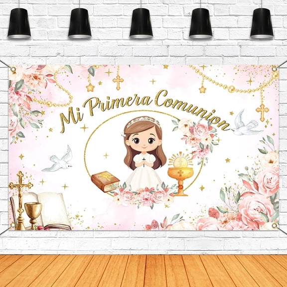Mi Primera Comunion Backdrop for Girls First Communion Party Decorations Banner Pink Floral Baptism Christening First Holy Communion Photography Background
