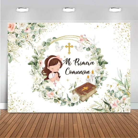 Mi Primera Comunion Backdrop Green Baptism Photography Background for Boys Girls Leaves Garlands God Bless Party Decorations Banner Photo Booth Props