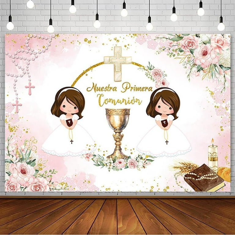 Mi Bautizo Girls Blond Angel First Communion Baptism Photography Backdrop Gold Cross Peace Dove Party Decorations Newborn God Blessing Photo Banner 7x5ft