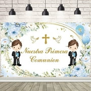 Mi Primera Comunion Backdrop for Twins Boys Nuestra Primera Comunion Party Decorations God Bless Baptism Banner Blue Floral Christening Mi Bautizo Party Photo Shoot Props