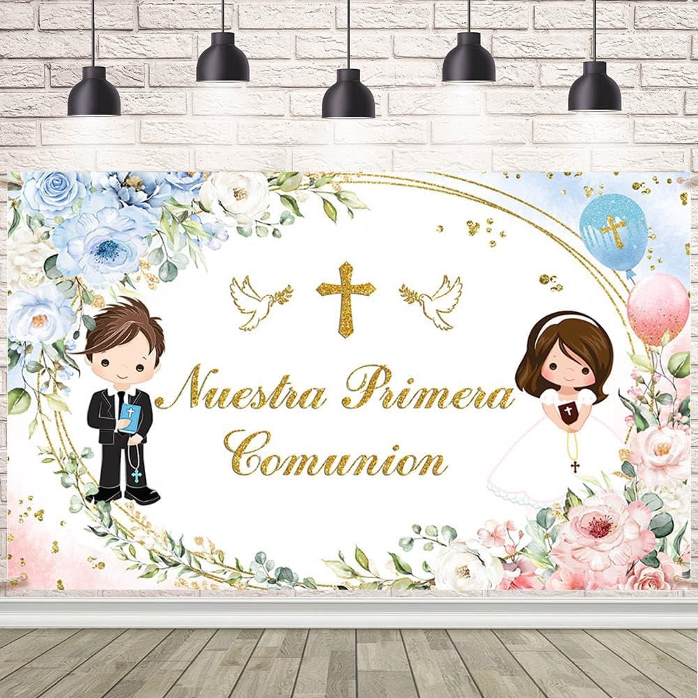 Fotohintergrund „Mi Primera Comunion“ 2,1x1,5m – Für Taufe, Kommunion, Baby-Party | Vinyl-Hintergrund, Party-Dekoration