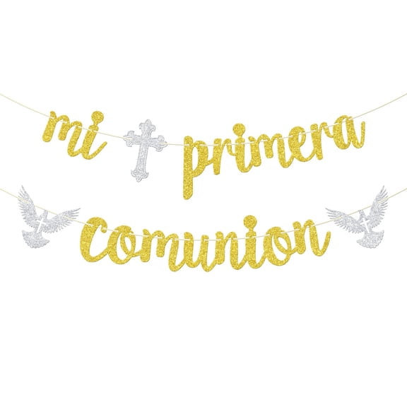 Mi Primera Comunion Banner, First Communion Decorations, Spanish Baptism, Cross Dove God Bless, Religious Wedding Christening Baptism Baby Shower 1st Birthday Party Decorations, Gold and Silver