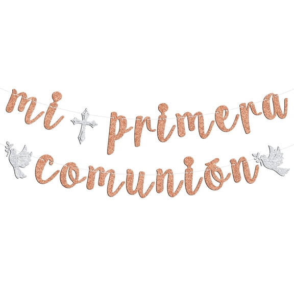 Mi Primera Comunion Banner, First Holy Communion/God Bless this Child/Mi Bautizo, Christening/Baptism/Baby Shower/Birthday Party Decorations Supplies, Rose Gold Glitter