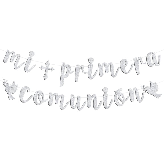 Mi Primera Comunion Banner, First Holy Communion/God Bless this Child/Mi Bautizo, Christening/Baptism/Baby Shower/Cross Religious Birthday Party Decorations Supplies, Silver Glitter
