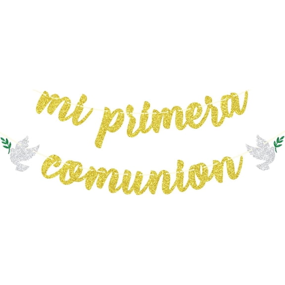 Mi Primera Comunion Banner, Spanish Baby Baptism Banner, First Holy Communion Decoration, Christening Baby Shower/Birthday Party Decorations Gold & Silver Glitter