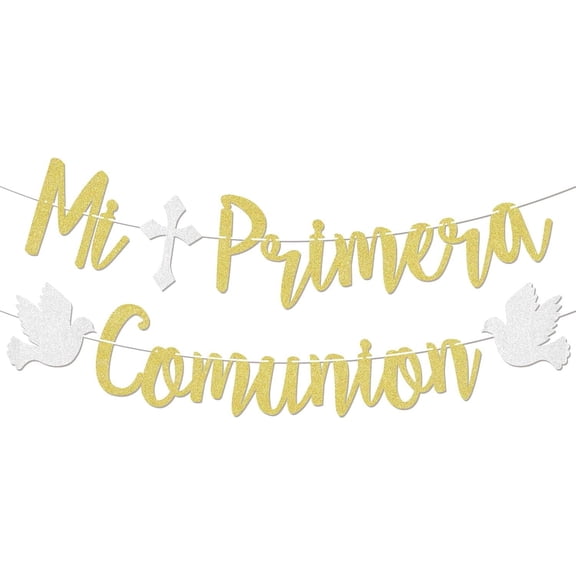 Mi Primera Comunion Banner - Spanish First Communion Decor, God Bless Sign, Blessing On Your Confirmation Decor, Religious Christening Party Decorations Gold Glitter