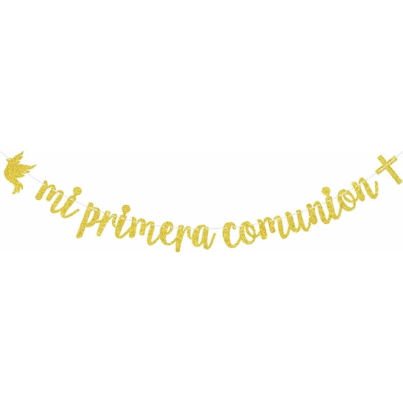 Mi Primera Comunion Banner, Spanish First Communion Sign, My Baptism - Religious Confirmation, Wedding, Baby Shower Party Decorations, Gold Glitter