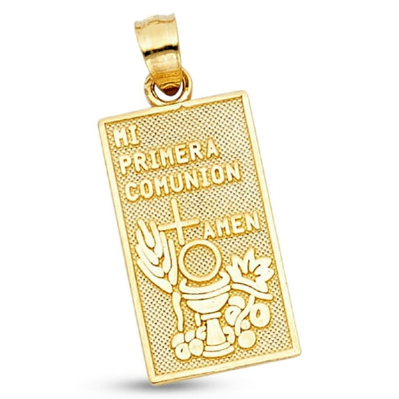 Mi Primera Comunion Pendant Solid 14k Yellow Gold 1st Communion Medallion Charm Genuine 19 x 10 mm