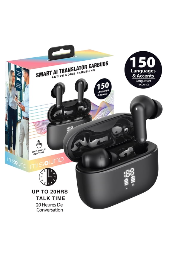 Pro AI Translator Earbuds, Real-Time Language Translator, Active Noise Cancelling (ANC), Bluetooth 5.4, Wireless Hi-Fi Earbuds for Travel
