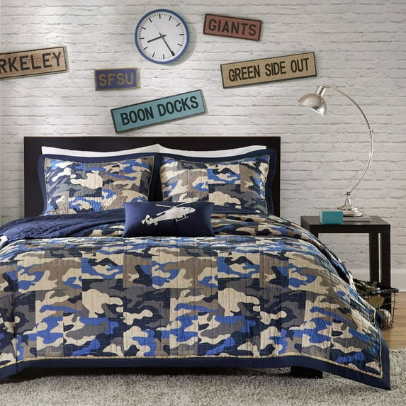 Mi Zone 3-Piece Blue Reversible Camouflage All Season Quilt Set with Throw Pillow, Twin/Twin XL